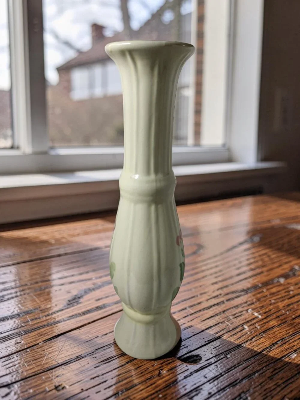 Vintage 1981 FTDA Ivory Ceramic Slender Tall Hand Painted Floral Motif Vase